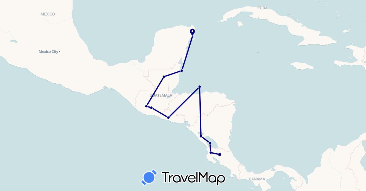 TravelMap itinerary: driving in Belize, Costa Rica, Guatemala, Honduras, Mexico, Nicaragua, El Salvador (North America)
